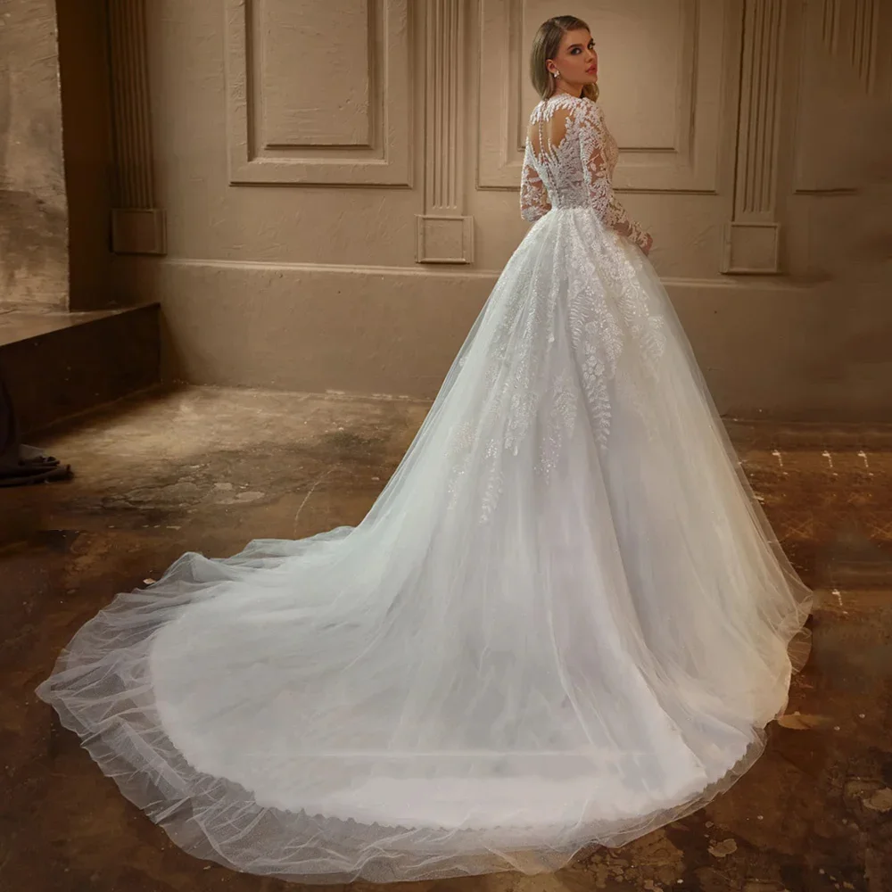 Flavinke Customized Exquisite Wedding Dresses Round Neck Full Sleeves Beading Lace Tulle A Line Woman Bridal Gown Robe De Mariag