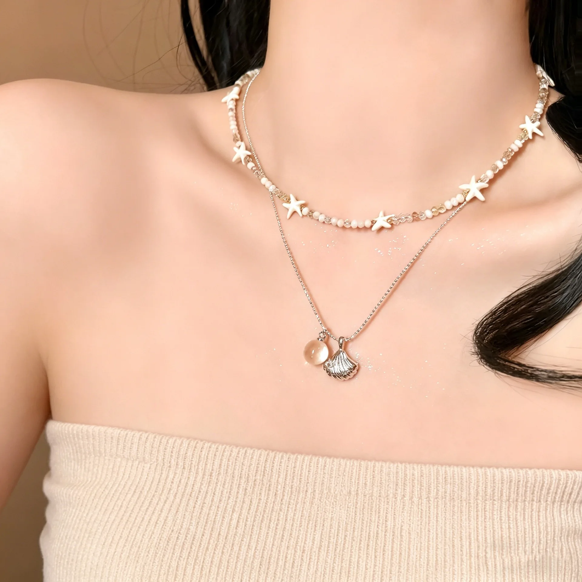 Handmade Starfish Shell Crystal Ball Beaded Collarbone Choker Layered Vacation Resort Necklace for Women Beach Trip