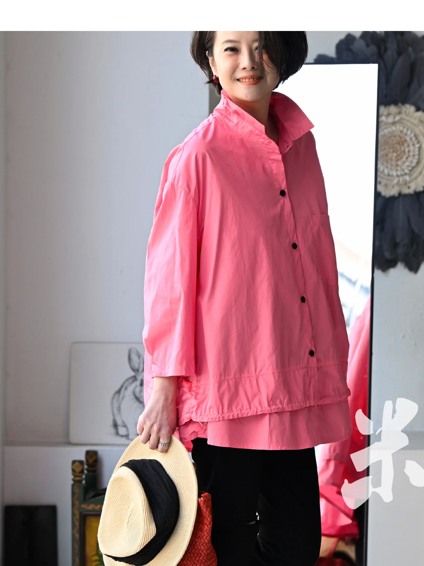 

Artistic Casual Color Drawstring Double Layer A-Line Pure Cotton 9-Sleeve Women's Shirt Milan Declaration Spring 2026