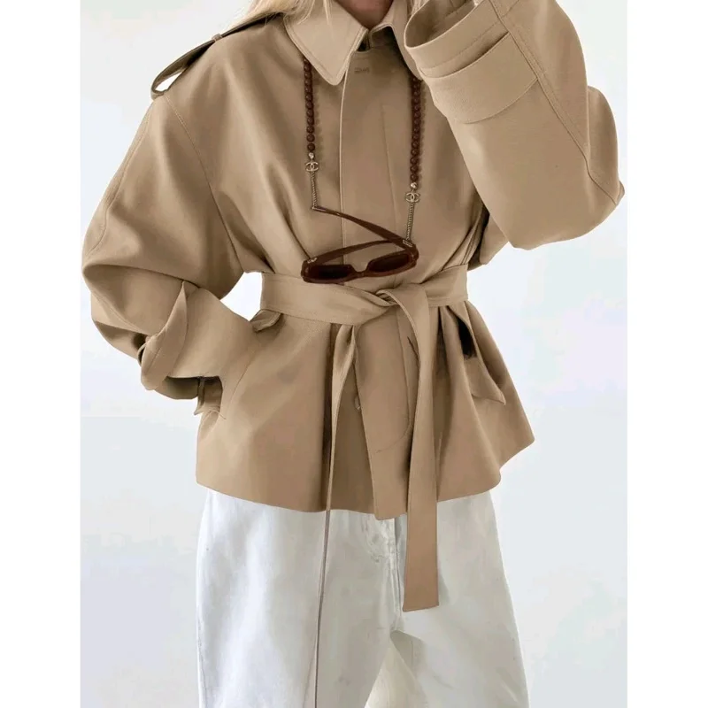 

Fall New Arrival Loose Fit Long Sve Turn-down Collar ort Coat Single Button Waist Belted Women's Faion Commute Sle