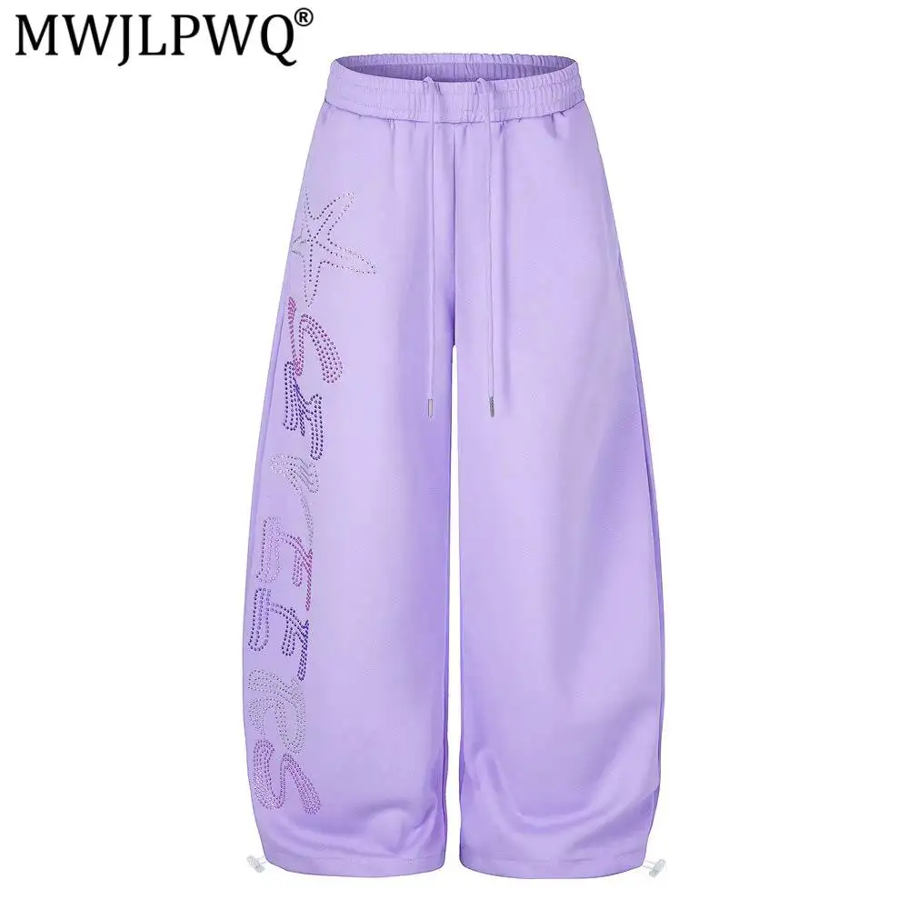 MWJLPWQ Rhinestone Lettered Wide-Leg Curved Sweatpants For Men New American Trendy Niche Design Loose-Fitting Long Pants 17384