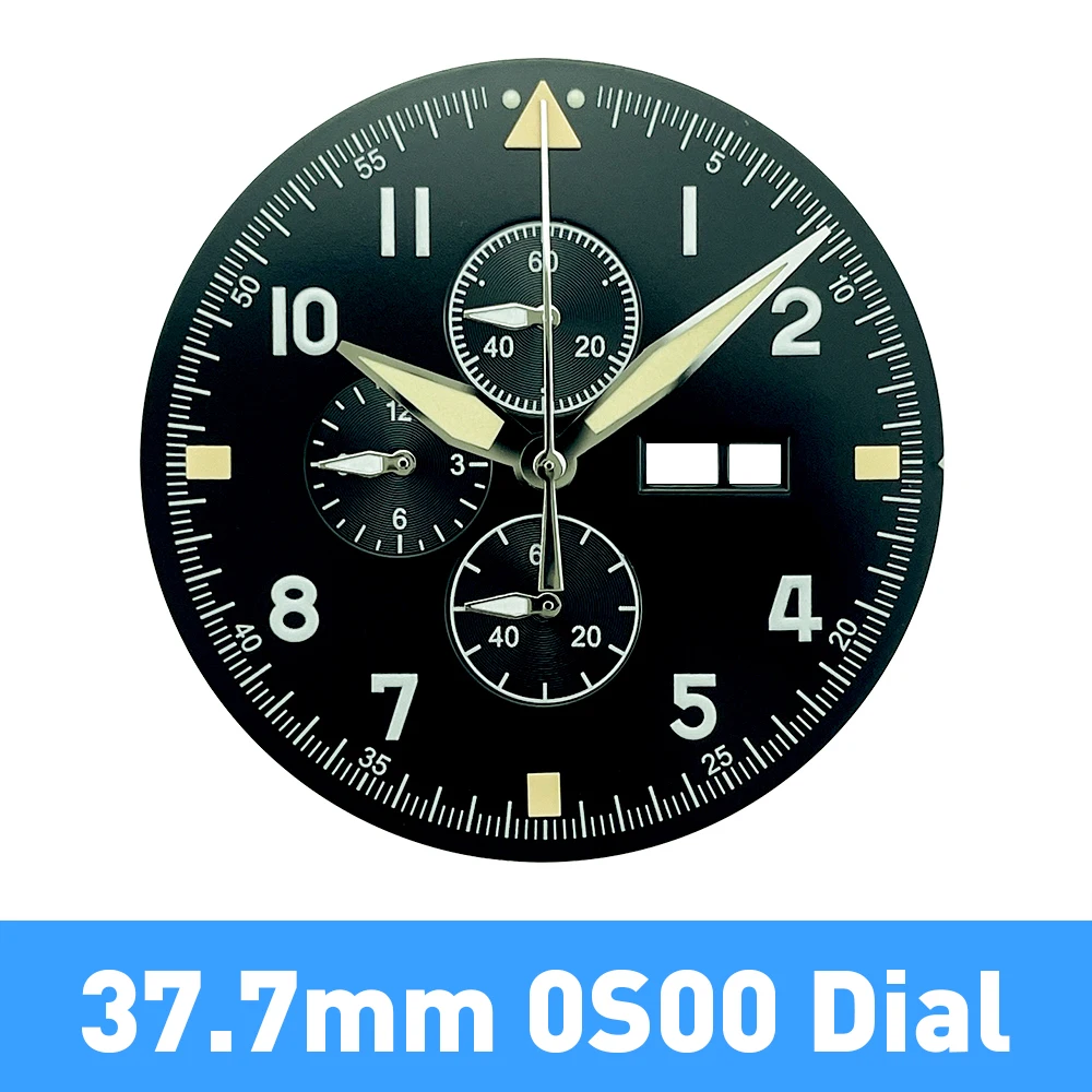Miyota 0S00 Compatible 37.7mm Black Pilot Chronograph Watch Dial with 6 Hands and Green Lume