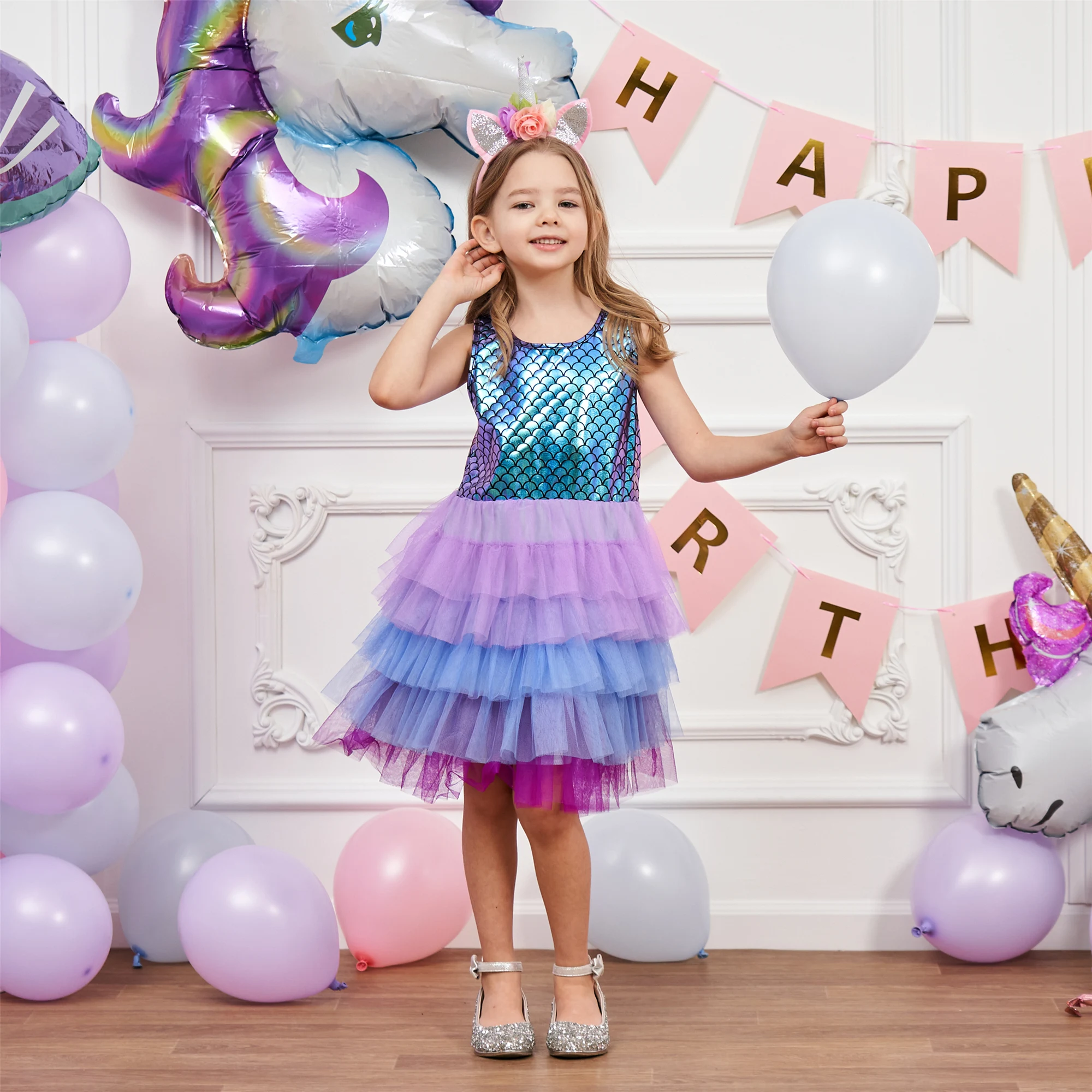 Sleeveless cotton mesh patchwork dress, unicorn embroidered cartoon pattern, birthday party dress, girl's birthday gift