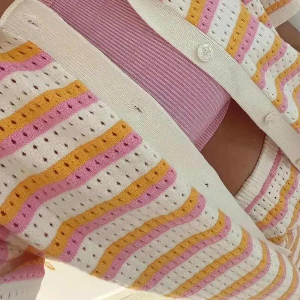 Loose Fit Knitted Shorts Set Mixed Color Stripe Short Sleeved Crochet Tops And Shorts Button Closure Contrast Color