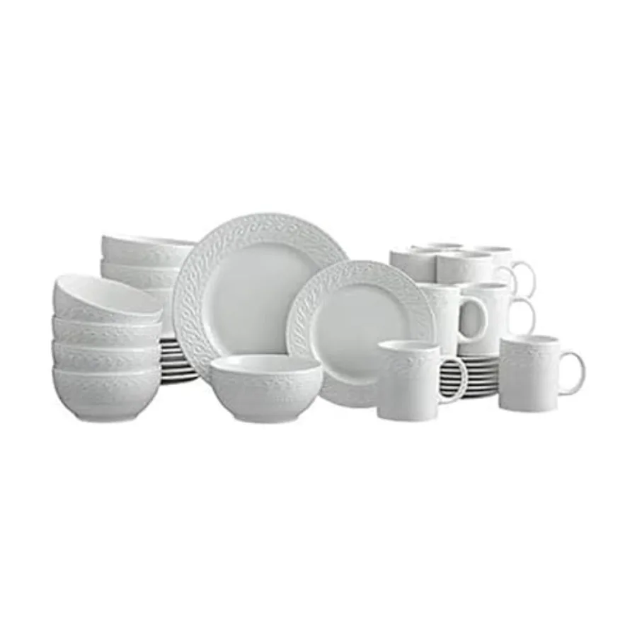 

Sylvia 32-Piece White Dinnerware Set Service for 8 Durable Stoneware Plates Bowls and Mugs Microwave and Dishwasher Safe