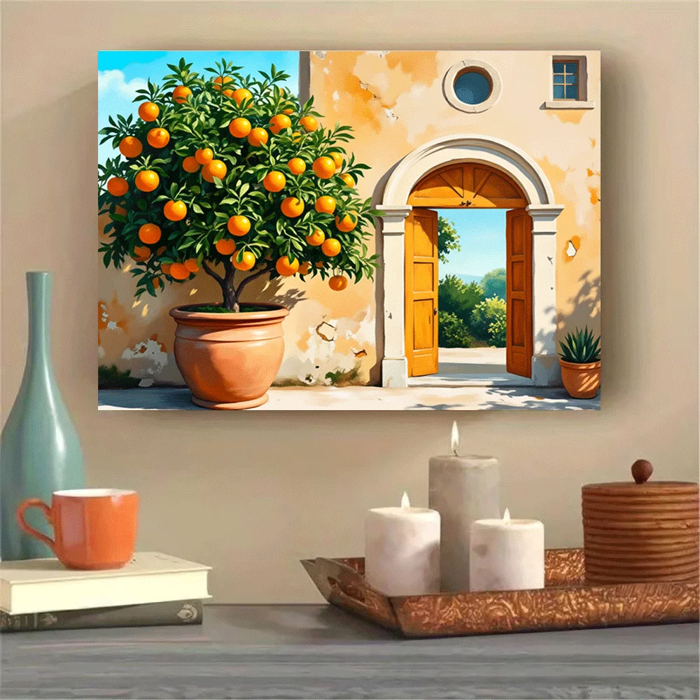 1PC-Unframed Canvas poster wall decoration  Orange Tree Garden Door Mediterranean Villa Art Print