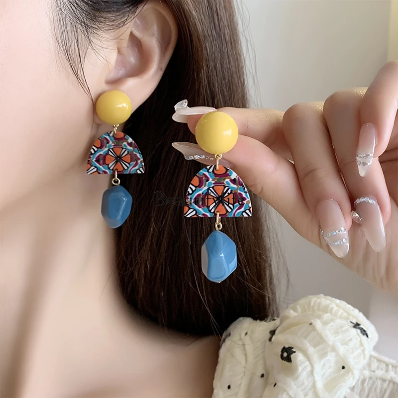 Earrings Retro Exaggerated Hong Kong Style Niche Ethnic Style 2023 New Yellow and Blue Contrast Color Ear Clip