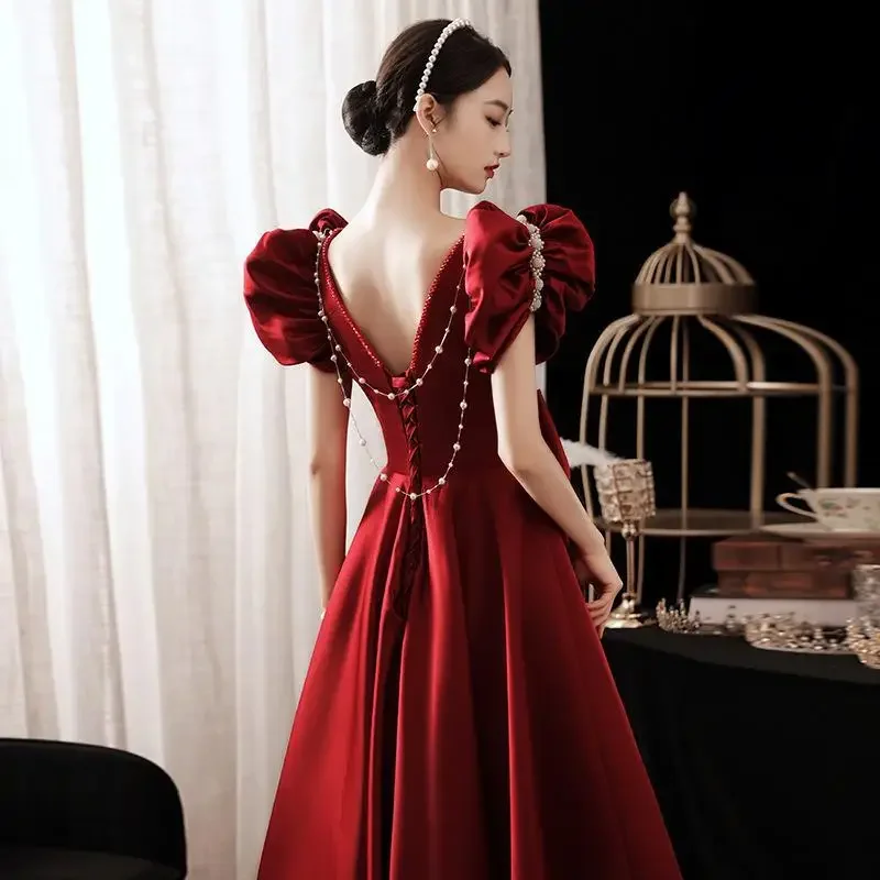 Women Fashion Floral Red Satin Wedding Dress Elegant Bride Evening Party Dress Ball Gown