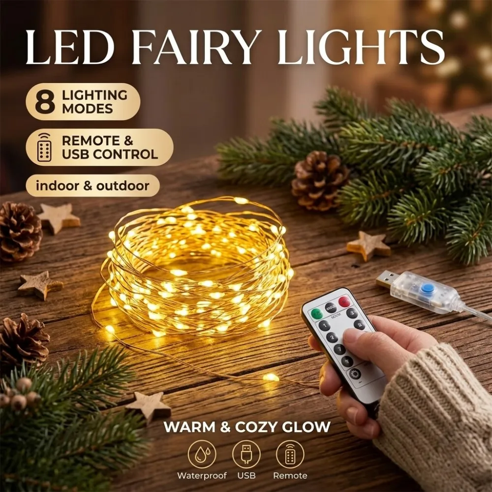 USB Copper Wire Lights Remote Control 8 Modes Multicolor for Christmas Wedding Party Home Balcony Table Decor