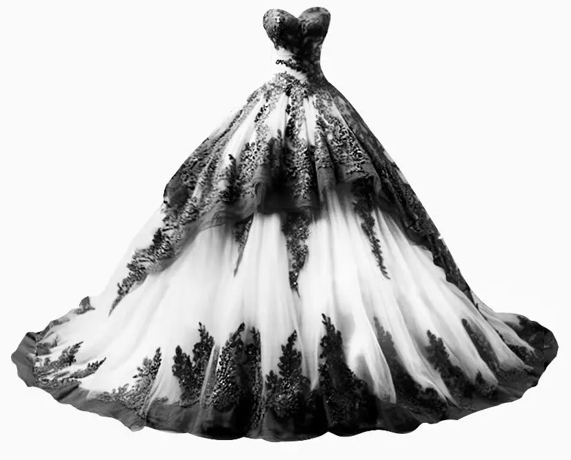 

KIVARY Vintage Strapless Wedding Dresses for Bride with Black Appliques Puffy Layered Tulle Bridal Gown