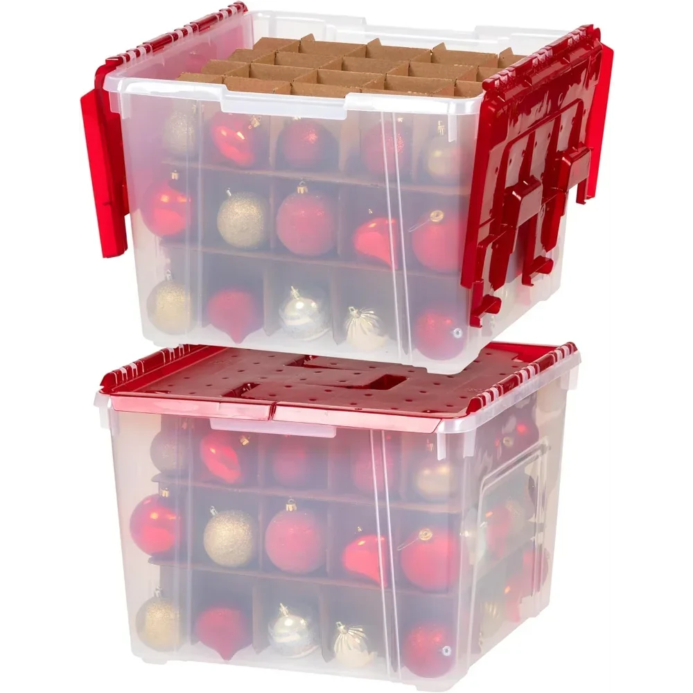 Pack Ornament Storage Box with Hinged Lid and Dividers, Clear/Red