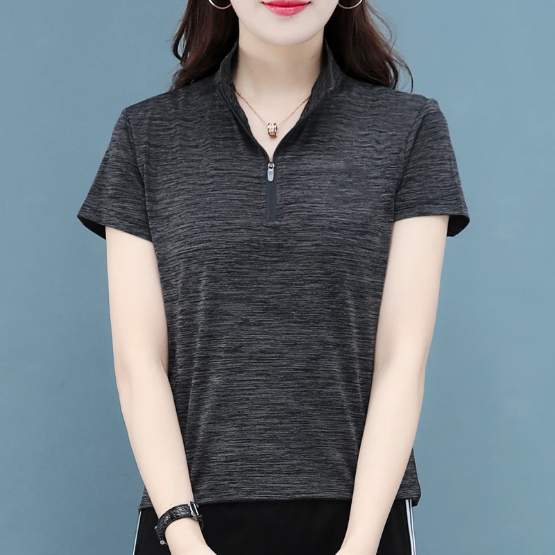 New Women'S Casual Half Zipper Stand Up Collar Quick Drying Short Sleeved Summer Fashionable Versatile Loose Outdoor Sports Top