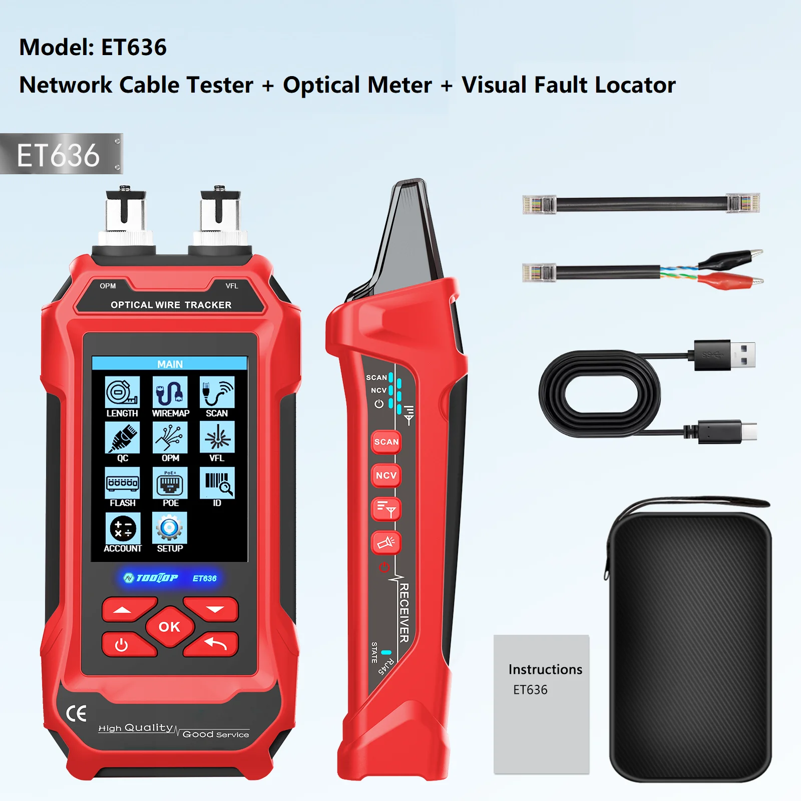 TOOLTOP ET638 Handheld Network Cable Tester 3.2-Inch Color Screen  NCV 60000 Count Multimeter Optical Power Meter Fault Locator