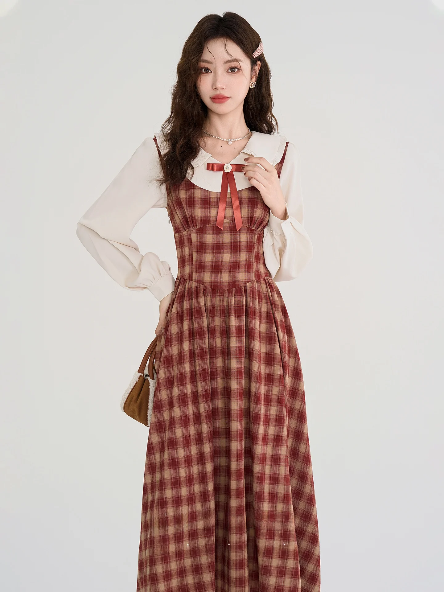 

Spring New Arrival Red Plaid Doll Collar Knot Long Dress Women's Waist Cinched Dress French Style A-Line Skirt