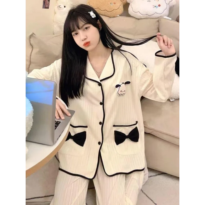 Sanrio Pacha dog autumn new long-sleeved trousers pajamas women's bows cute cartoon cardigan loungewear set