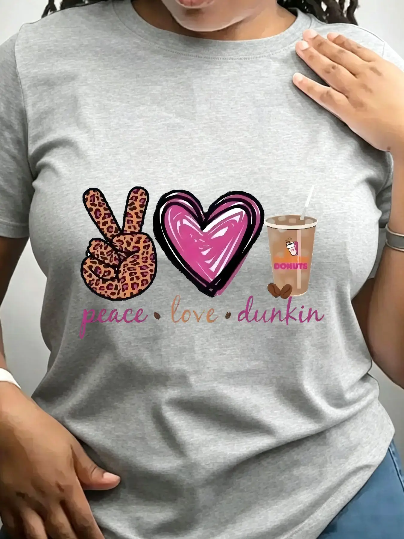 Women's Trendy Crew Neck T-Shirt Peace Love Dunkin Donuts Graphic Suitable for Casual Sportswear view 8