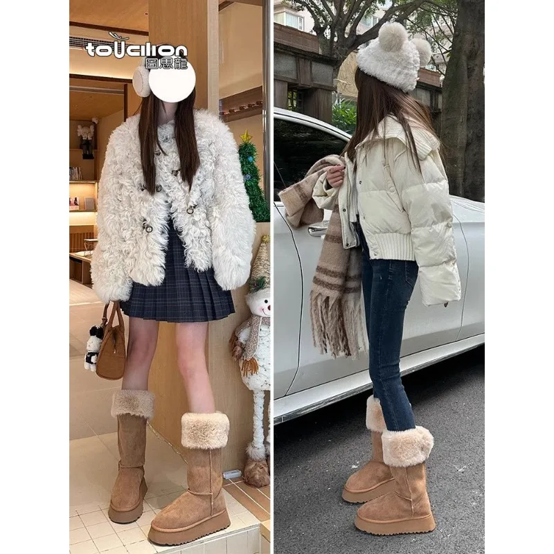 2025 Thick-soled snow boots women winter shoes cashmere and thick warm fashion senior Korean version high tube two-wear bottine