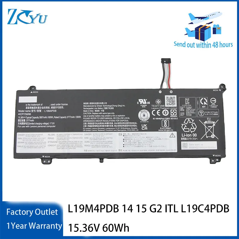 L19M4PDB Laptop Battery for Lenovo ThinkBook 14 15 G2 ITL Series L19C4PDB etc 15.36V 60Wh