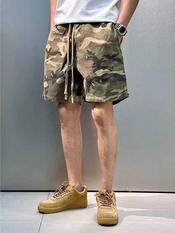 Washed Cotton Camouflage Shorts for Men Retro Straight Leg Drawstring Elastic Waist Casual Fashion Brand Five-Quarter Pants