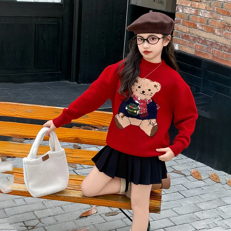 teenage girls cartoon Bear Sweater junior kids Red New Year Knitted Top Christmas children clothes 4-14 pulls enfant