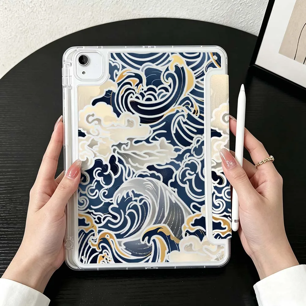 Blue Wave Cloud For iPad Mini Pro Air 5 6 7 8 9 10th 11th 11 9.7 10.9 13 inch Transparent Y-Shaped Folding Tablet Case