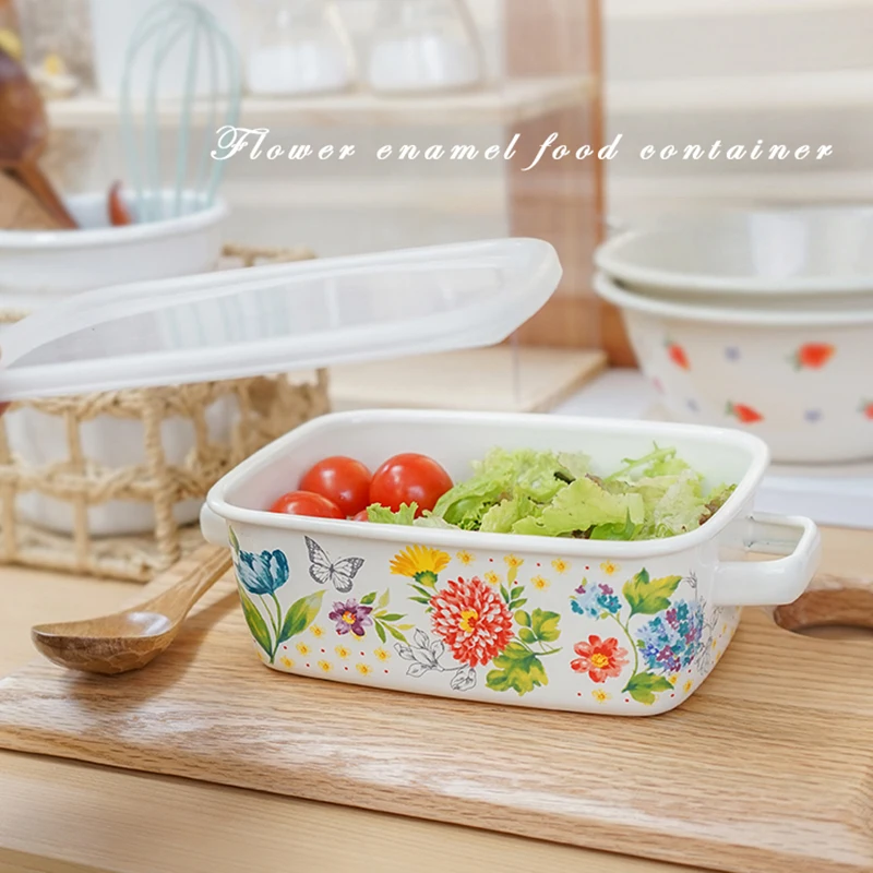 

Enamel Rectangle Preservation Box Baking Tray Vintage Flower Lunch Box Home Kitchen Food Storage Container Sealed Bowl with Lid