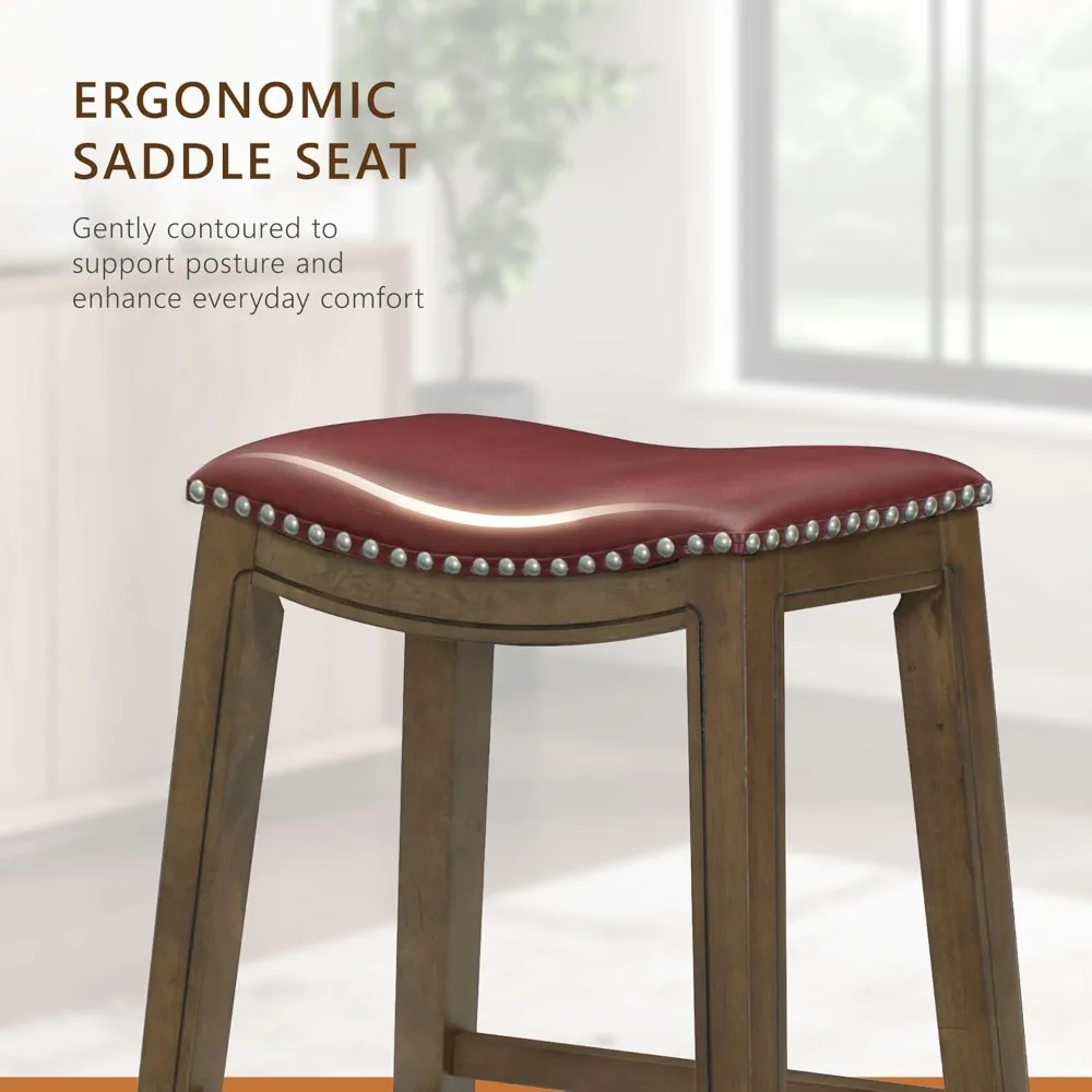 Sgabello da bancone in legno massello rosso - Sgabelli da bar da cucina con sedile a sella da 25 pollici per sala da pranzo e divertimento
