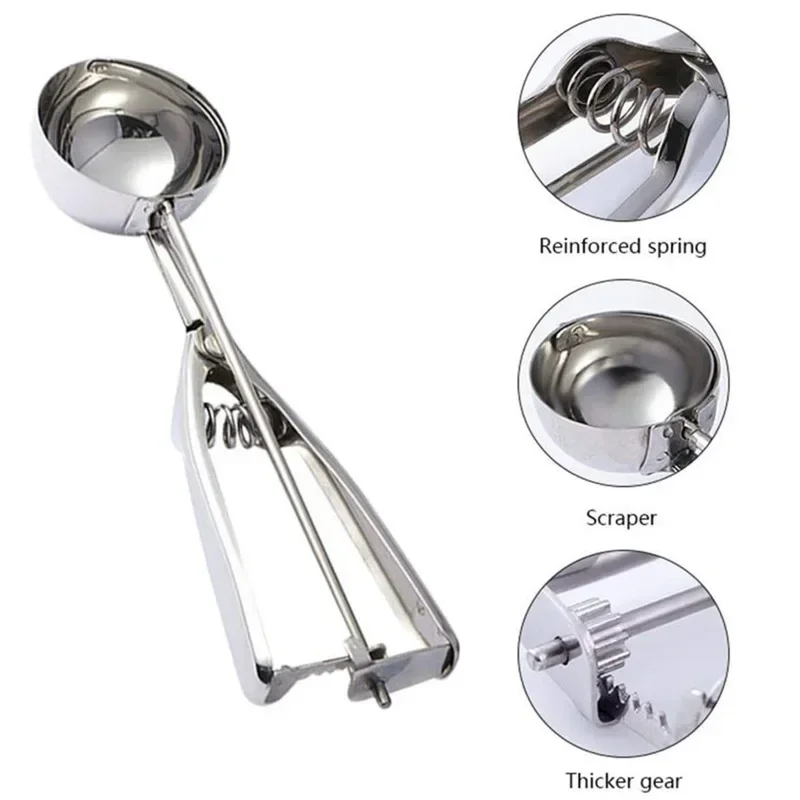Stainless Steel Ice Cream Scoop with Spring Handle Potato Masher Watermelon Ball Scoop Kitchen Ice Cream Mold Accessory
