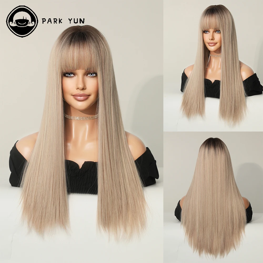 

Long Straight Champagne Blonde Hair Women Wig with Bangs Top Black Heat Resistant Synthetic Wigs Cosplay Party Daily Fake Hair