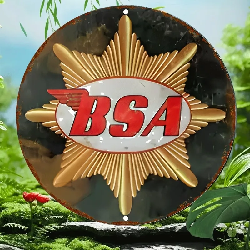 Vintage-Straßenschild aus Aluminium – Retro-BSA-Schildabzeichen mit goldenen Flügeln und rotem Schriftzug, Metallschild für Bar, Café im Freien