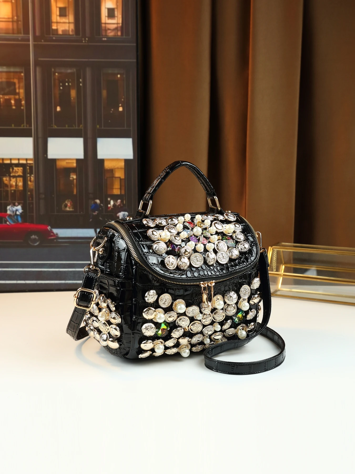 

Trendy new diamond-encrusted rivets single shoulder crossbody small square bag full of diamonds and pearl decorative women's bag