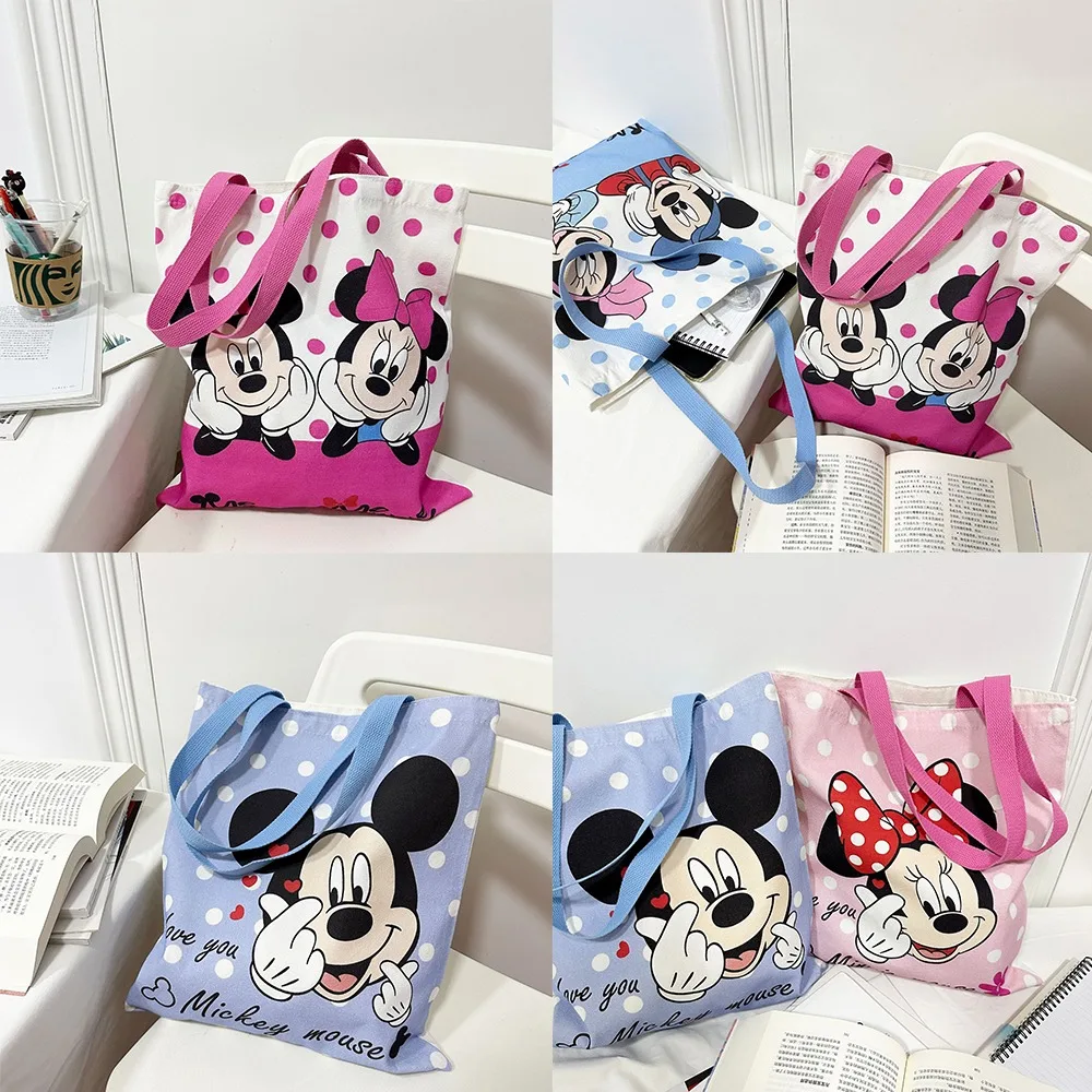 Kawaii  Disney Mickey and Minnie Cartoon CreativePrinted Pattern Handbag Large Capacity FashiorCanvas Shoulder Bag for Women