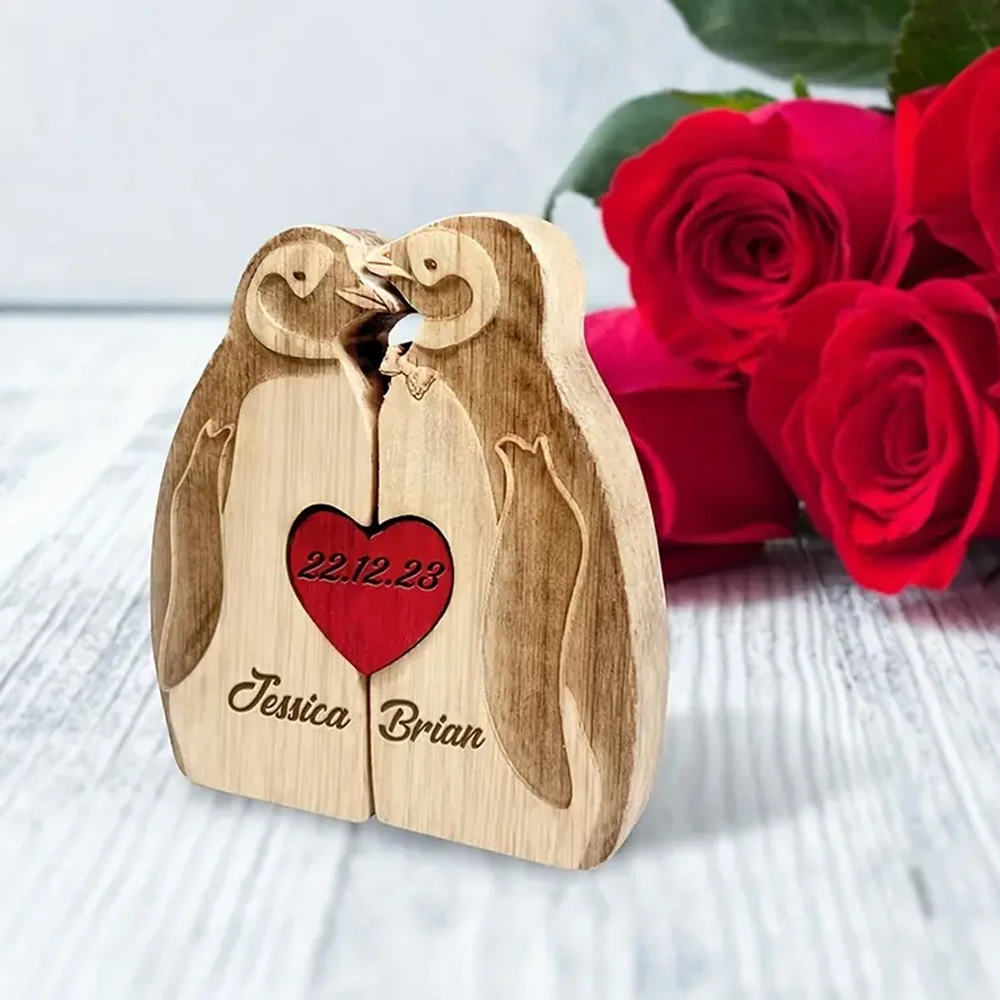 

Custom Love Penguin Puzzle Personalized Couple Name Anniversary Date Wooden Art Home Decor Perfect For Christmas Valentine's Day