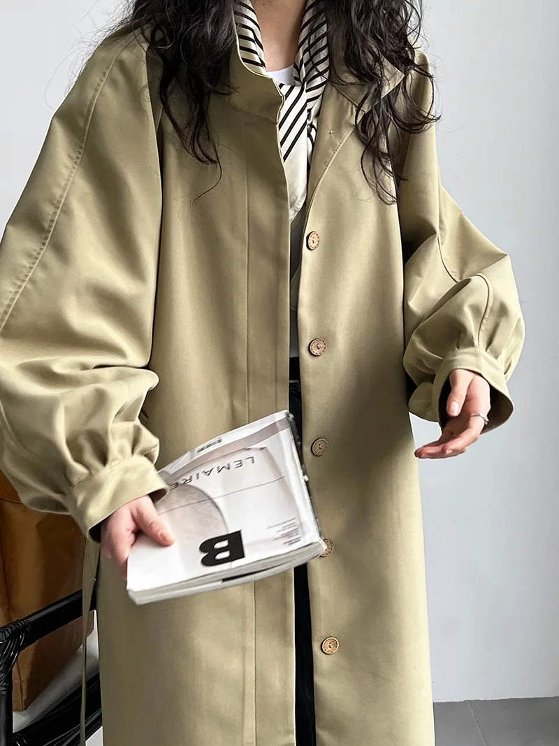 2023 Women Autumn Khaki Trench Coat Turn Down Collar Women Long Coat Casaco Feminino New Trench Femme