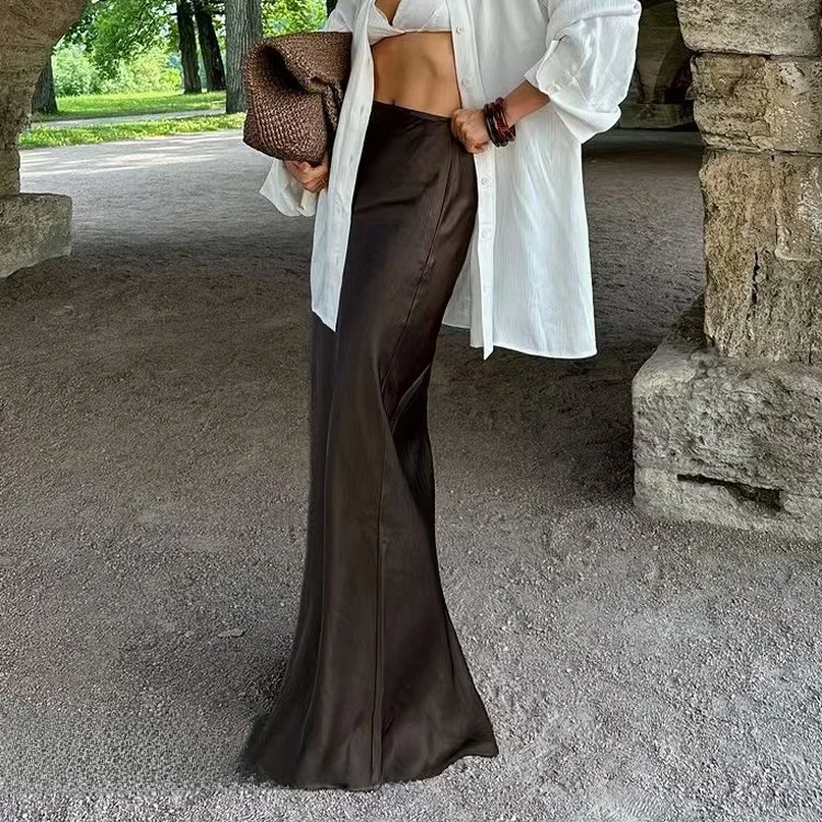 

Ele Простая атласная юбка с высокой талией, женская длинная юбка премиум-класса для поездок на работу, облегающая однотонная юбка