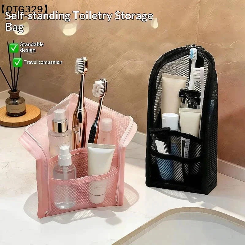 Large Capacity Cosmetic Waterproof Space Saving Travel Foldable Toothbrush Toiletry Pouch Zipper Closure Vertical Standing[T]