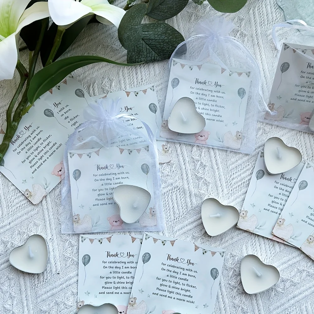 50 مجموعة من شموع استحمام الطفل، شموع قلب صغيرة لطيفة مع بطاقات وحقائب هدايا للكشف عن الجنس، ديكور الحفلات