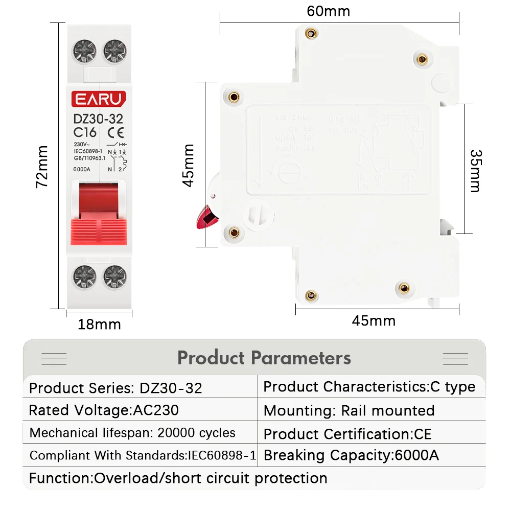 DZ30-32 DPN 1P+N Mini Circuit Breaker MCB 6A 10A 16A 20A 25A 32A Din Rail Mounting Cutout Miniature Household Air Switch OEM DIY