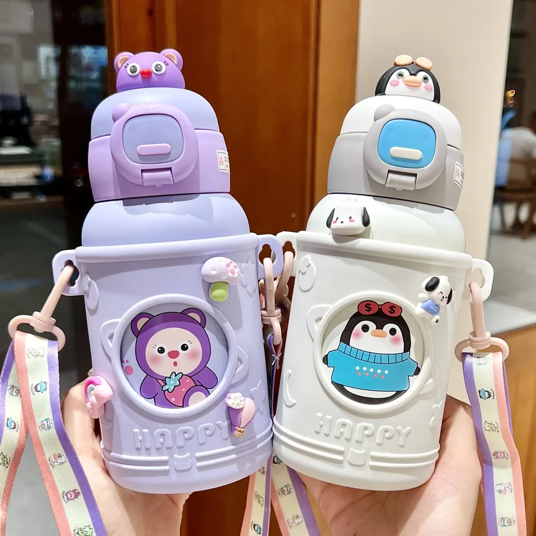 500ml Cute Children's Thermos Straw Cup 316 Large Capacity Primary School Student Thermos Cute Feng Shui Cup