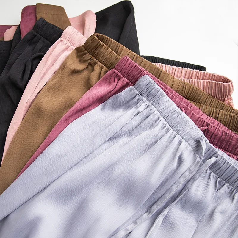 Wysokiej jakości spodnie z szerokimi nogawkami damskie w stylu vintage ze sznurkiem wysokiej talii satynowe jedwabne spodnie damskie luźne proste spodnie na co dzień