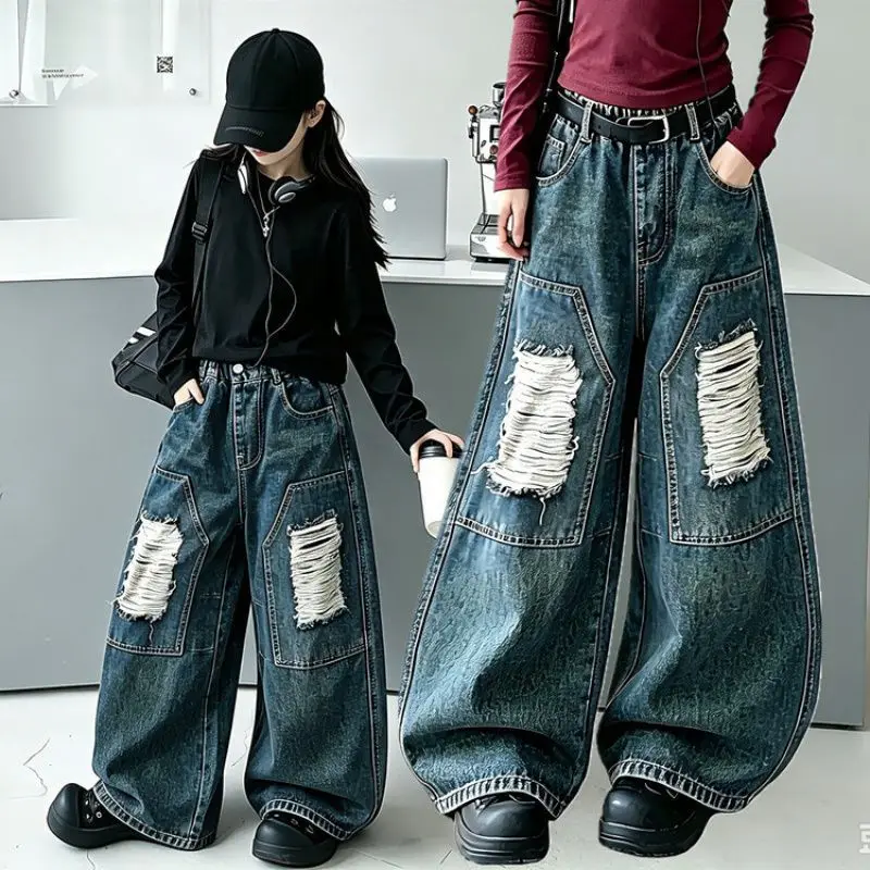 Girls Casual Wide Leg Ripped Jeans with Hole Patch for Teen Kids High Fashion Street Denim Pants Children's New Autumn Trousers
