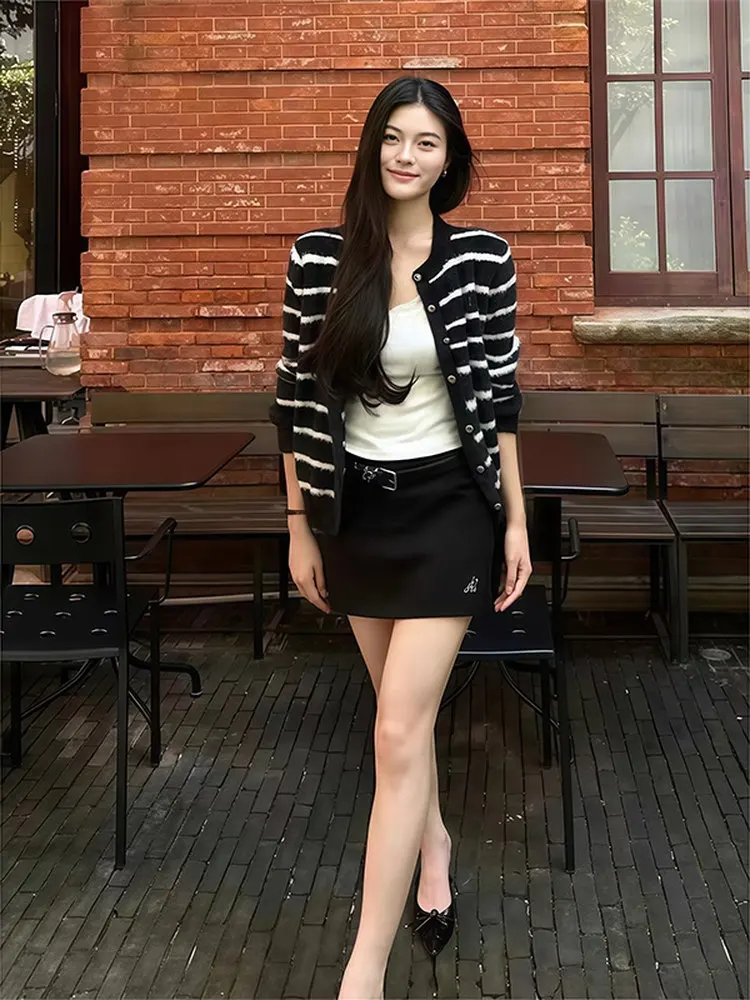 Bla-suéter de punto a rayas blancas para mujer, abrigo largo holgado, redondo, ropa de abrigo cálida, visón sintético coreano Sle