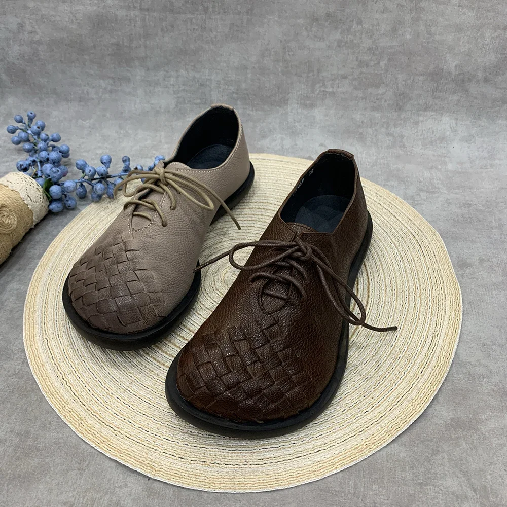 Birkuir Weave Flats Shoes For Women Genuine Leather Lace Up Big Head Low Heel Shoes Leisure Woven Handmade Shoes 2024 Flat Heels