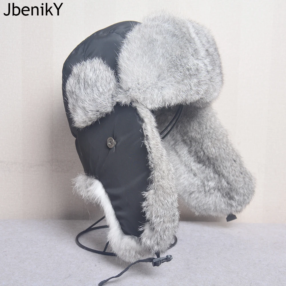 Thick Warm Bomber Hat Men Real Rabbit Fur Earflap Trapper Outdoor Russian Cap Male Plus Size Winter Hats Ski Russian Hat