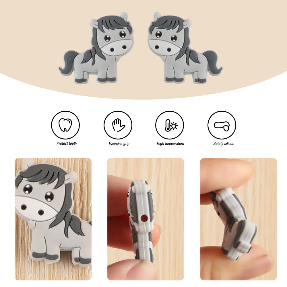 5/10Pcs Horse Silicone Beads Cartoon Animal Molar Beads DIY Pacifier Chain Popular Jewelry Accessories Food Grade