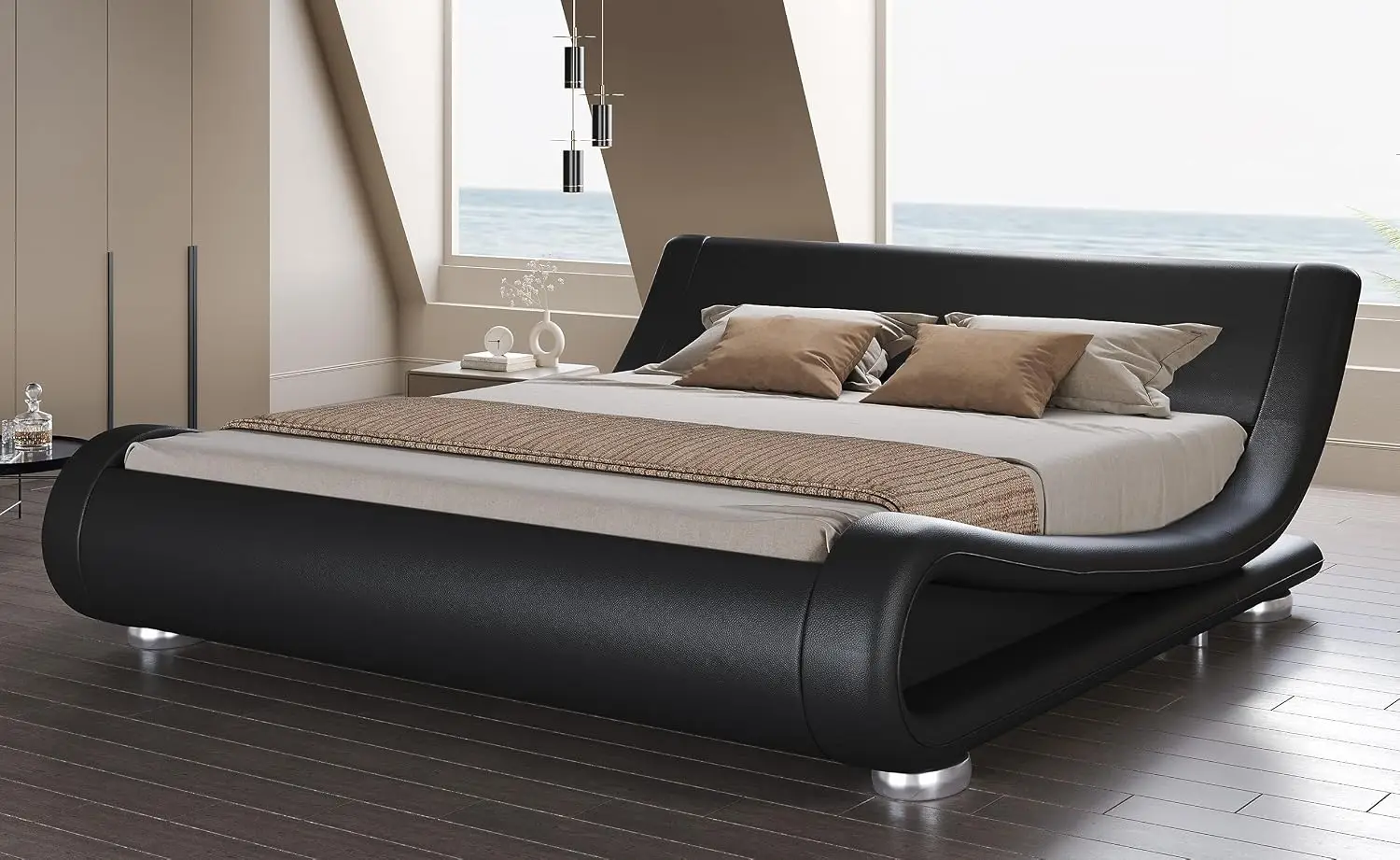 Low Profile Sleigh Bed Frame, Faux Leather Upholstered Platform, Adjustable Headboard, Heavy Duty Support, No Box Spring, Easy A