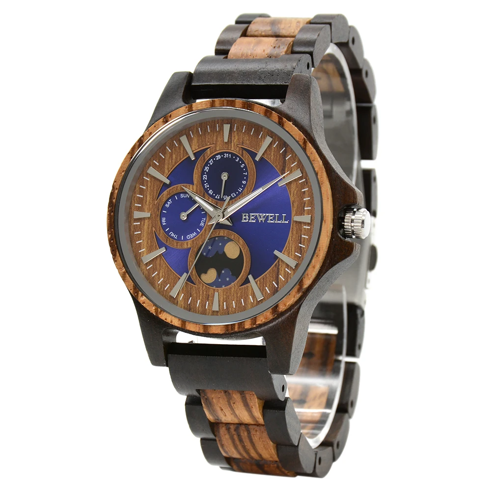 Men's Wooden Custom Engraved Watch with Day Night Moon Phase Luminous Dial Gift Anniversary Classic