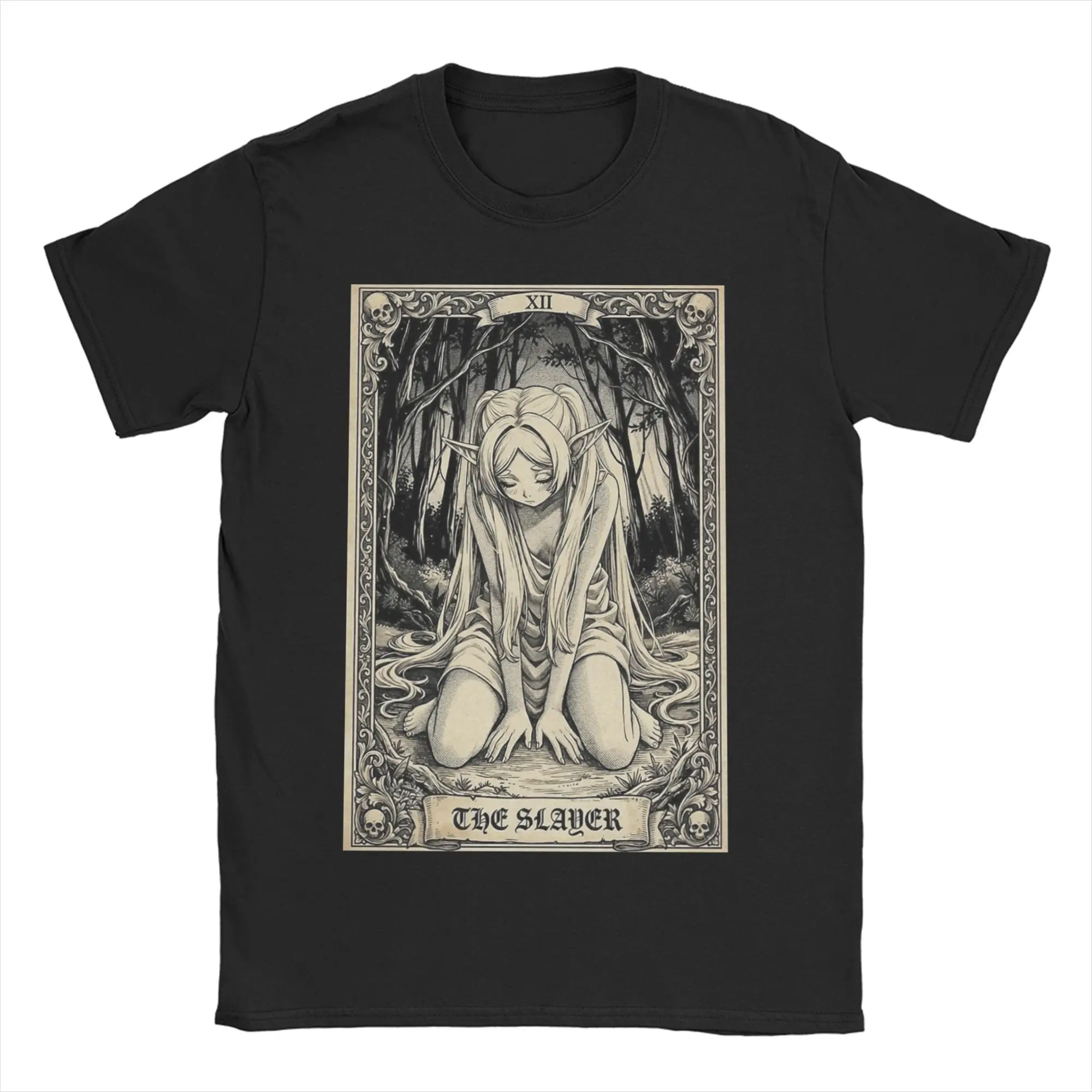 Vintage Frieren The Slayer Tarot Card T-Shirt Men Women's O Neck Pure Cotton T Shirt  Short Sleeve Tee Shirt Graphic Tops