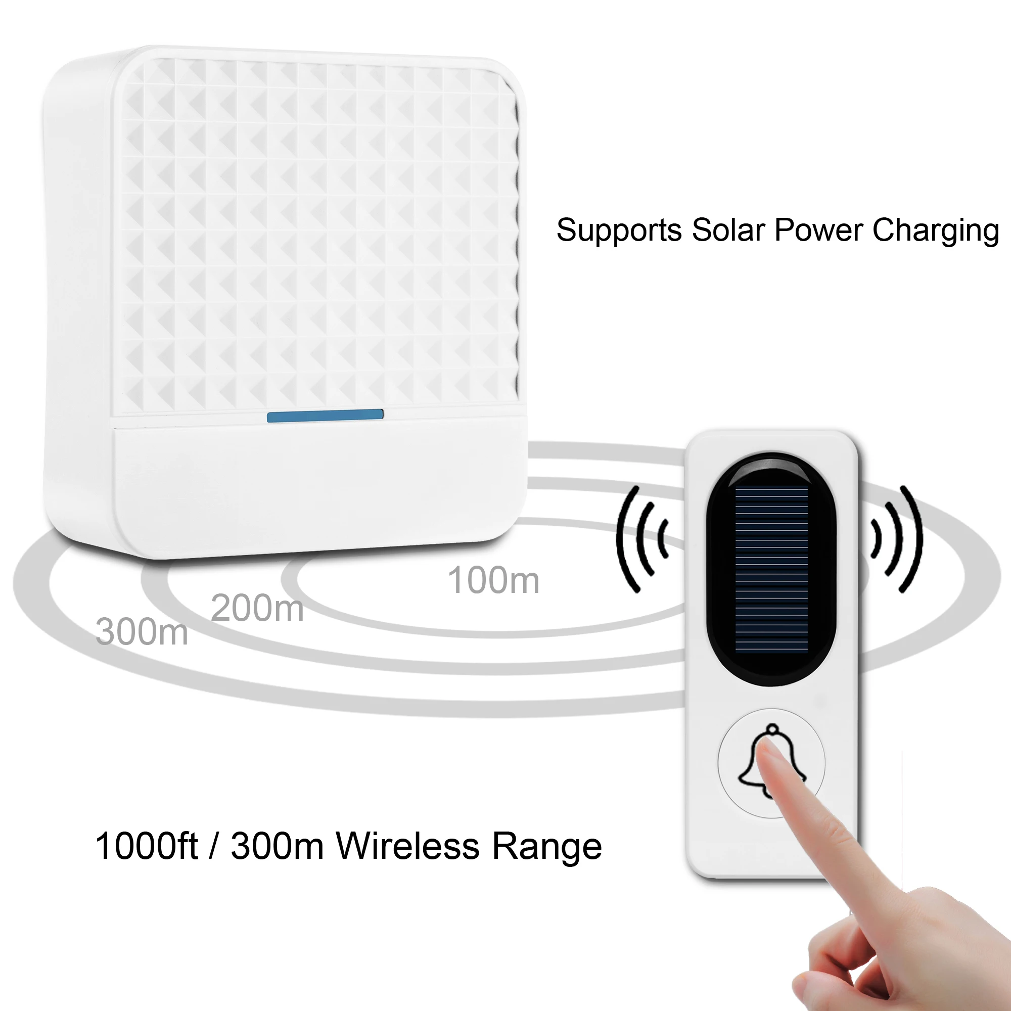 Sonnette sans fil IP65 à énergie solaire, longue portée de 300m, étanche, avec émetteur + récepteur de prise ue US, Kit de sonnette de porte