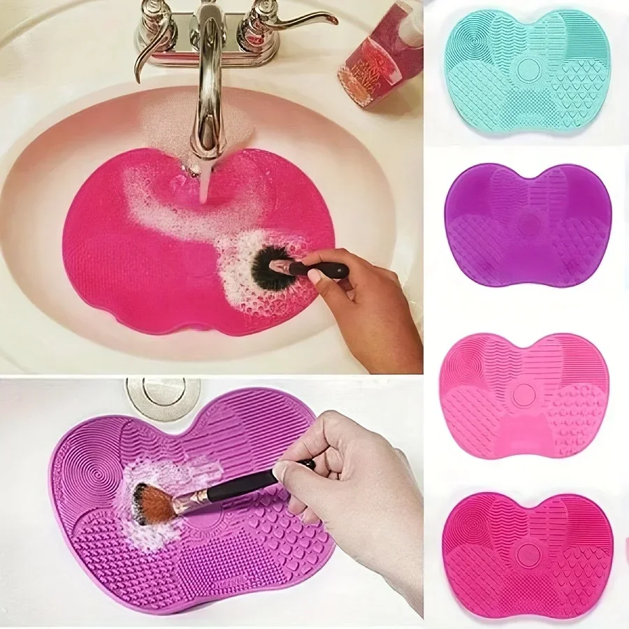 Apple-Shaped Silicone Scrub Pad with Suction Cup - Multicolor Makeup Brush Cleaner Mat,Formaldehyde-Free,Portable Beauty Tool